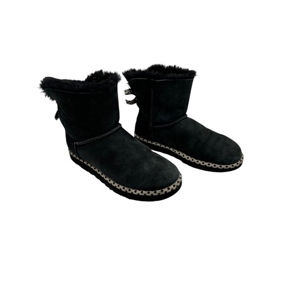 Ugg Boots Women 7 Black Ivory Polka Dot Trim 78 Bailey Bow Classic Mini Outdoor - Picture 2 of 10